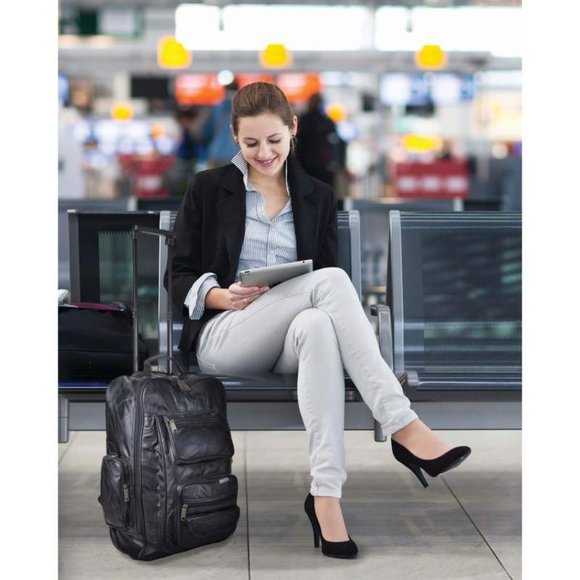 Embassy Handbags - Leather Trolley Bag and Backpack Combo - 19" Leather Luggage Bag